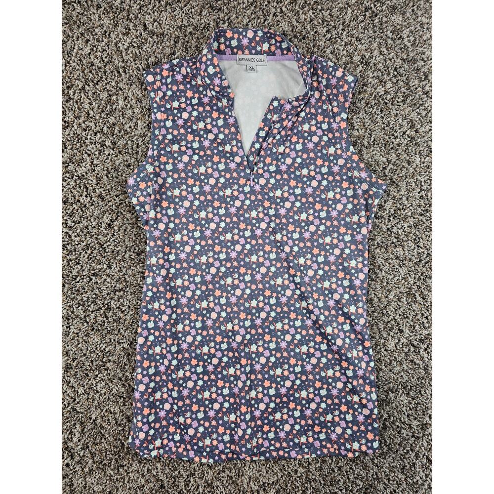 Swannies Golf Girls Sz XL Sleeveless Performance Shirt Purple Floral 1/4 Zip